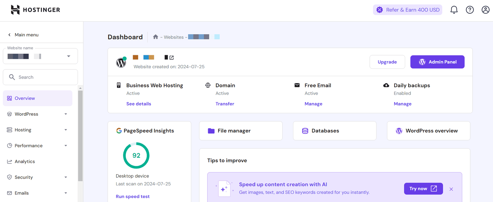 hostinger dashboard